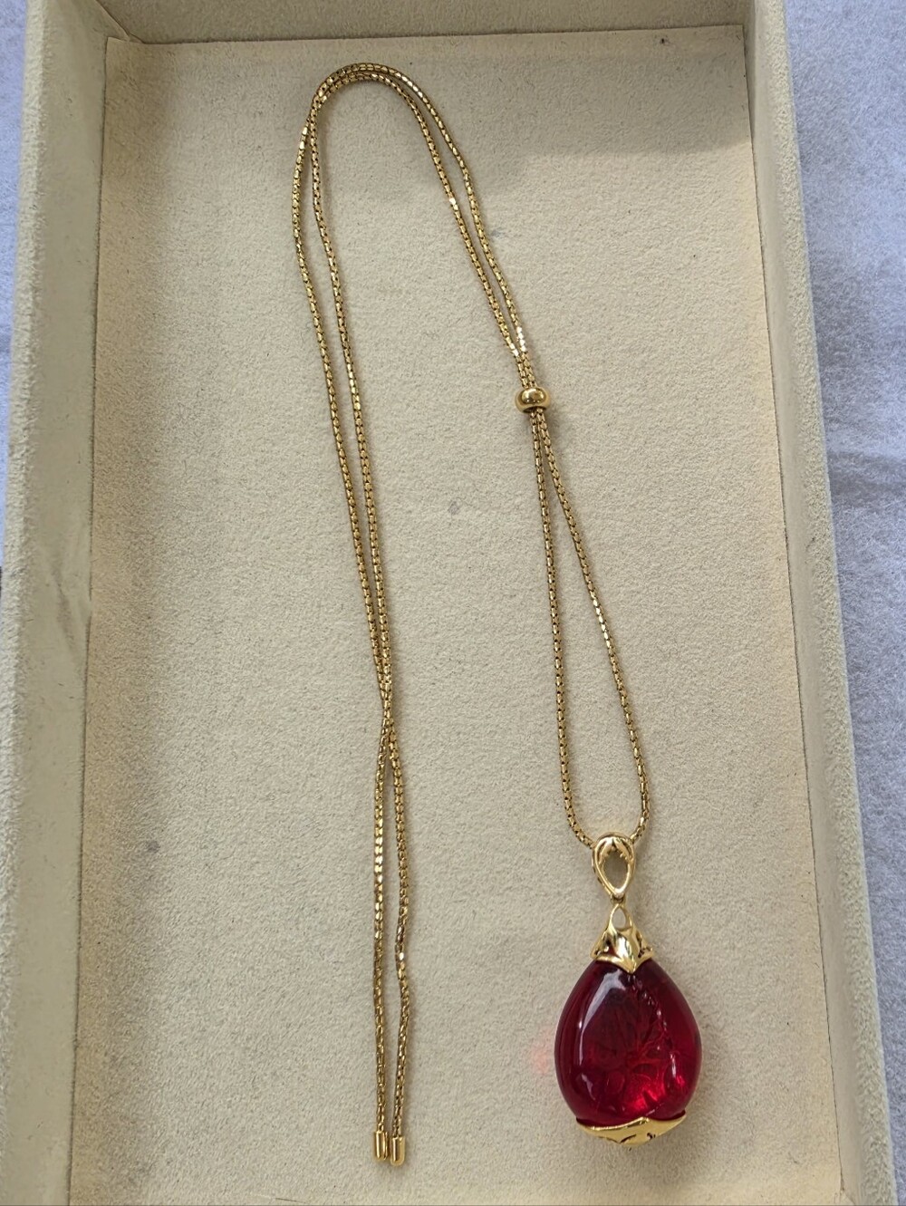Gold-Tone 925 Sterling Silver Red Teardrop Lariat Necklace • 14.18g